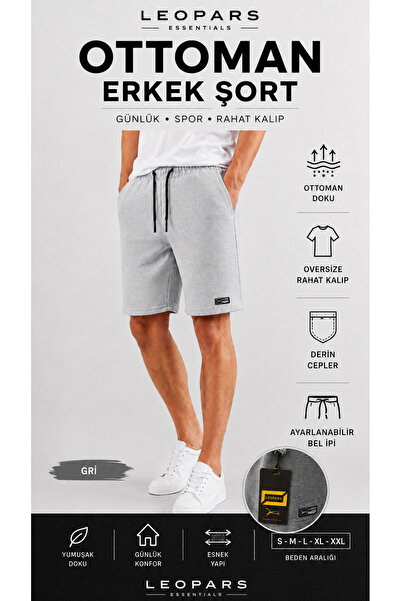 Leopars Men's Gray Ottoman Fabric Shorts Oversize Comfortable Fit Textured Fa...