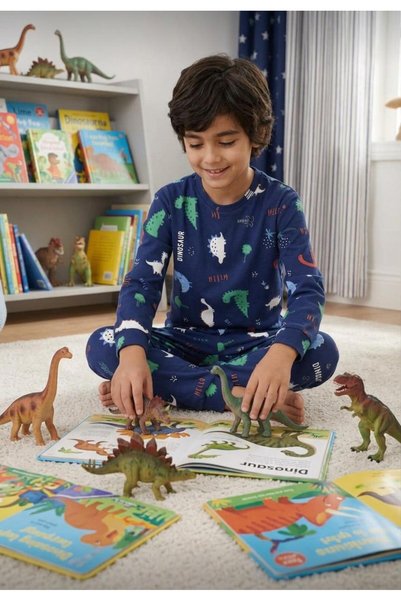 Novella18 Boy's Dinosaur Pattern Cotton Long Sleeve Pajama Set