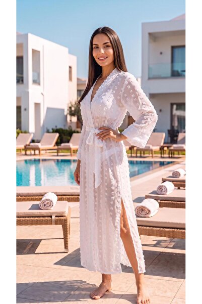 TrendModessa فستان نسائي من قماش الجاكار الأبيض الشفاف من الشيفون، فستان البح...