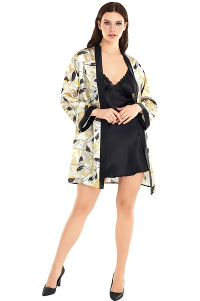 SS HOME CONCEPT Special Design Satin Printed Double Short Robe Black Nightgow...