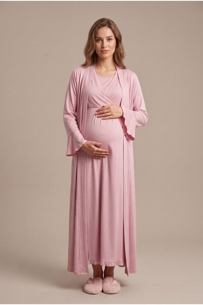 LOHOUSE Women's Powder Double-Breasted Collar Maternity Nightgown Set with Nu...