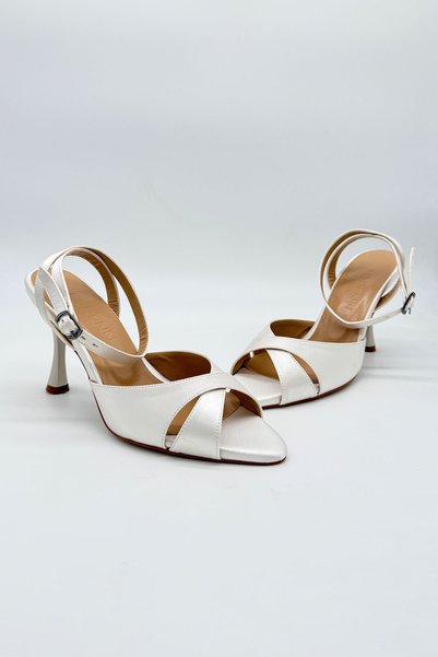 LORENN SHOES Linda White Satin Ankle Belt Detailed Cross-Strapped Women's Thin Heeled Shoes