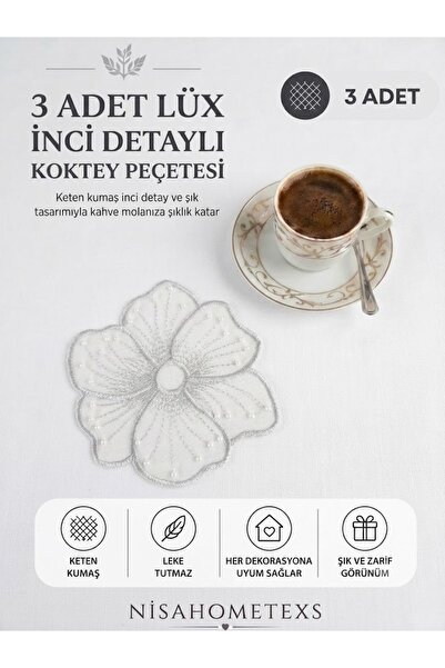 Nisahometeks 3 قطع من مناديل تقديم القهوة والكوكتيل بتفاصيل لؤلؤية