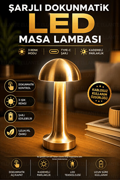 ellante Premium Atina Şarjlı Dokunmatik LED Masa Lambası 3 Renk Modlu Kademel...