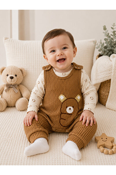Kulaklı Ayıcık Desenli Bebek Salopet Takımı, Uzun Kollu Çıtçıtlı Body, Waffle Tulum ve Çorap 3’lü Set