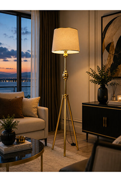 LUXERRA Modern Gold Lambader 150 cm | Altın kenarlı Bej Kumaş Şapkalı Metal A...