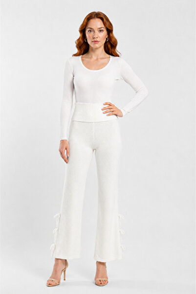 Neden Tekstil Women's Ecru High Waist Palazzo Knitwear Trousers