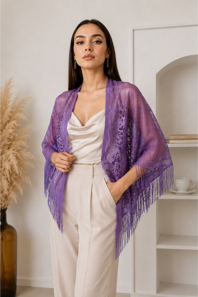 EMAYS DESIGN Women's Lilac Tasseled Lace Shoulder Shawl Evening Dress Event E...