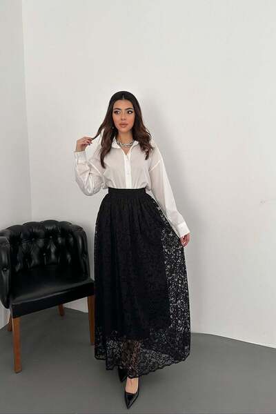 Clothes Fast Women's Black Long Lace Skirt with Elastic Waist Lining A-Line E...