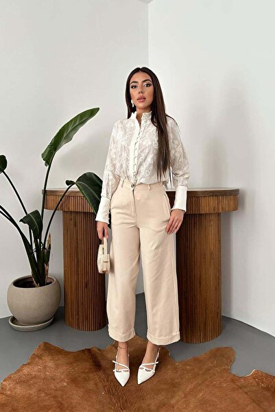 Moda Days Women's Beige Gabardine Trousers High Waist Straight Cut with Pocke...