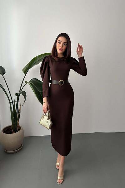 Moda Days فستان نسائي بني ميدي بقصة قلم رصاص وياقة دائرية وأكتاف مطوية وأكمام...