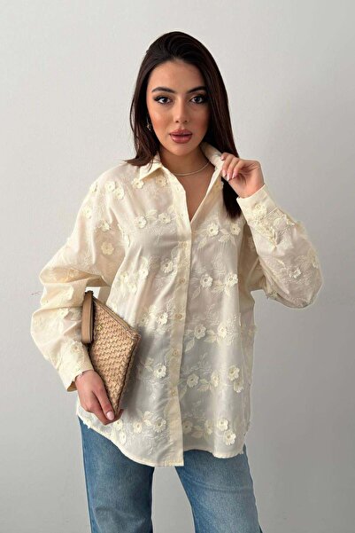 Clothes Fast قميص نسائي مطرز باللون الإكرو، قميص مطرز بالزهور، ياقة بأزرار، أ...