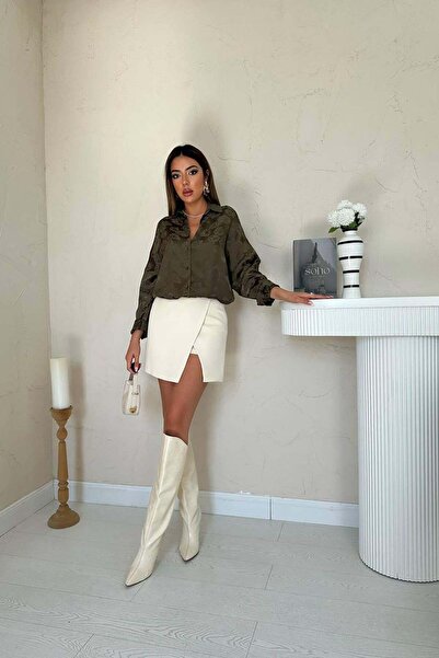 Clothes Fast Дамска каки жакардова риза с яка, с копчета, овърсайз, с дълъг р...