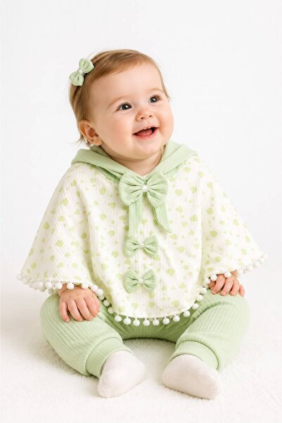LITTLE&CO Kız Bebek Fitilli Ribana 3'lü Takım Kapüşonlu Panço Model Fiyonk De...