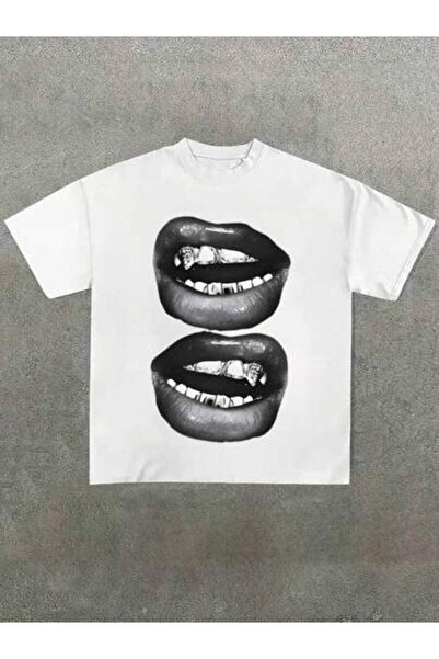 LİNA06 Grill Lips Funny Graphic Tee Shirt, Casual Soft, Pattern Printed T-Shirt