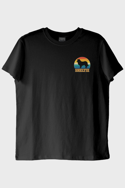 lofux Sheltie Printed Retro Dog Design Black T-Shirt