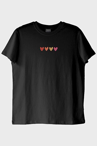 lofux Colorful Heart Pattern Embroidered Black T-Shirt - Valentine's Day Spec...