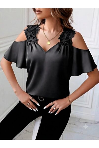 civetta Women's Short Sleeve Strappy Lace Detailed Dubai Blouse