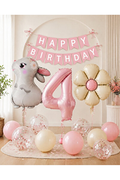 ALYA PARTİ Tavşan Temalı 4 Yaş Doğum Günü Süsleri Seti Pembe Happy Birthday B...
