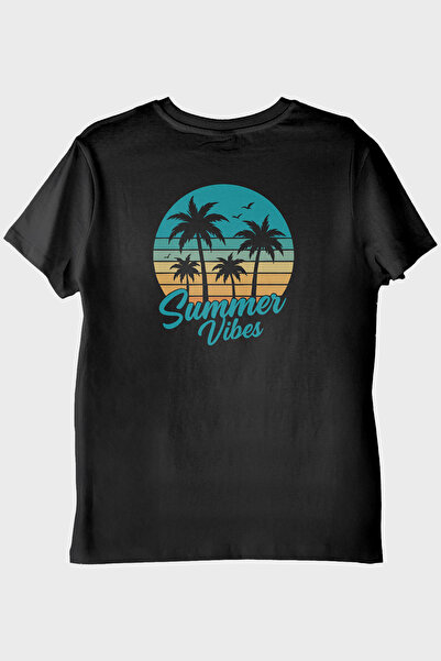 lofux Summer Vibes Printed Tropical Beach Design Black T-Shirt