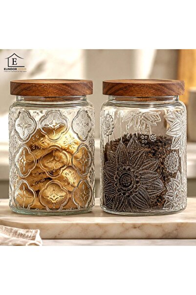 Elindor Set de 2 Elindor ®   Borcane de sticlă cu capac din lemn, design scul...