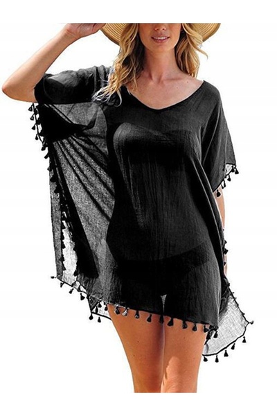 SNM Tunica Plaja Mini Stil Boho Franjuri Universal Negru Sifon Translucid Cro...