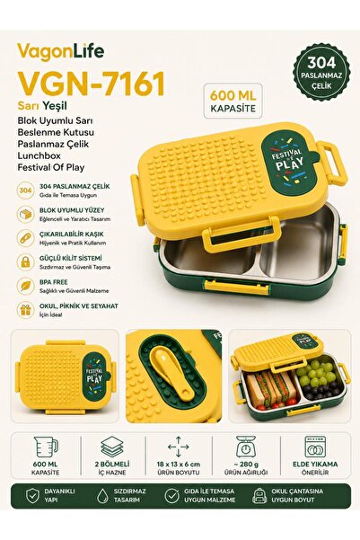 Vagonlife Vgn-7161 Block Compatible Yellow-Green Lunch Box Stainless Steel Lu...