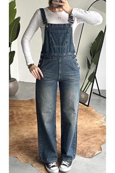 harmony factory Kadın Yüksek Bel Wide Leg Askılı Kot Salopet Tulum Bahçıvan P...