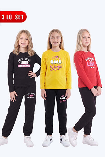 FYK KİDS Girl's 3-Piece Printed Long Sleeve Single Jersey Tracksuit Set