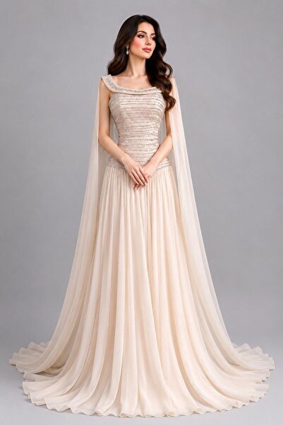 ranin Brown Chest-Length Evening Dress Hand Embroidery Double Cloche Chiffon