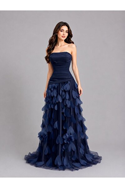 ranin Navy Blue Evening Dress Barbie Jazzer Laser Tulle