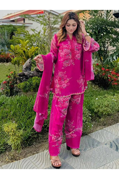 MYSMAR Pink Faux Georgette Printed Farshi Pant Set with Dupatta - HRT7509 | P...