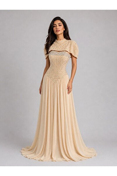 ranin Brown Chest-Length Evening Dress with Hand Embroidery Chiffon Double Cl...