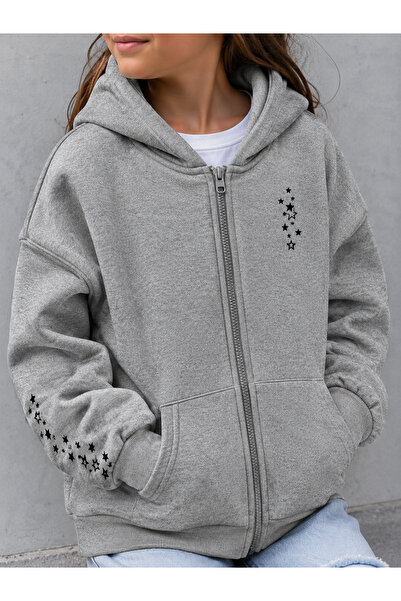 haha Star Printed Hooded Oversize Jacket for Girls