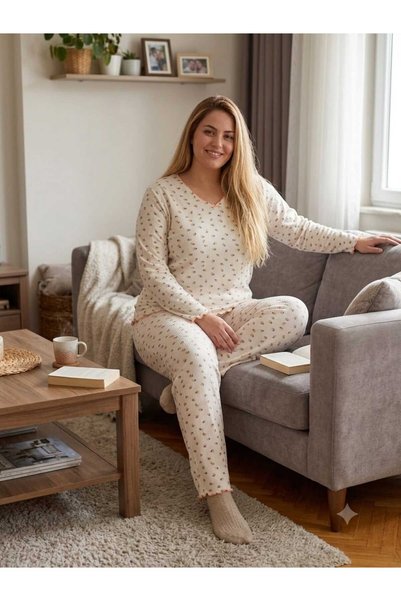 Asel Büyük Beden Yumuşak Tuşeli Uzun Kol Likralı Pijama Takımı