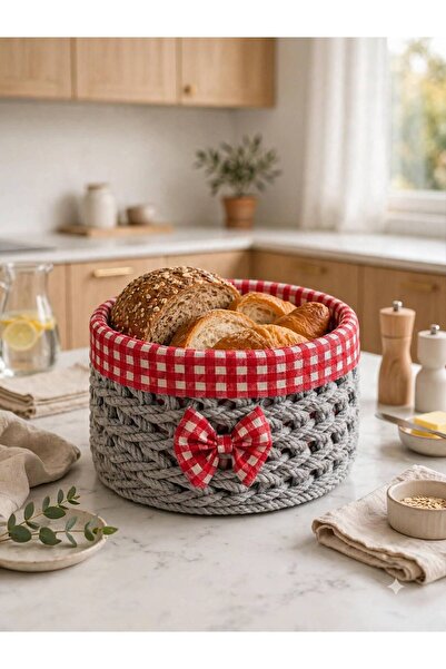 Bohem studio Gray Knitted Bread Bowl - with Red Bow Detail