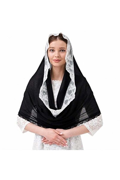 Generic Elegant Black Hijab with White Floral Lace Trim - 120cm Length | Mode...
