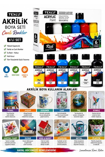 arttone Texco Akrilik Boya Seti 6 Renk 130 ML Canlı Renkler Karma Fırça Seti 6 lı Boyama Set