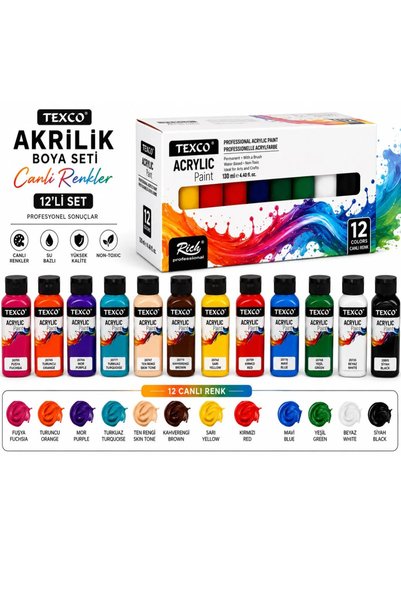 arttone Texco Akrilik Boya Seti 6 Renk 130 ML Canlı Renkler Rich Karma Fırça Sanat Seti 6 lı Set
