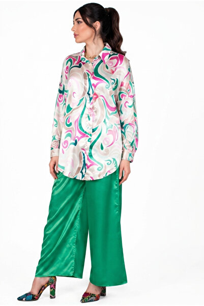 MQ High Quality Women's Satin 2 Piece Set (Modern Patterned Shirt + Trousers)...