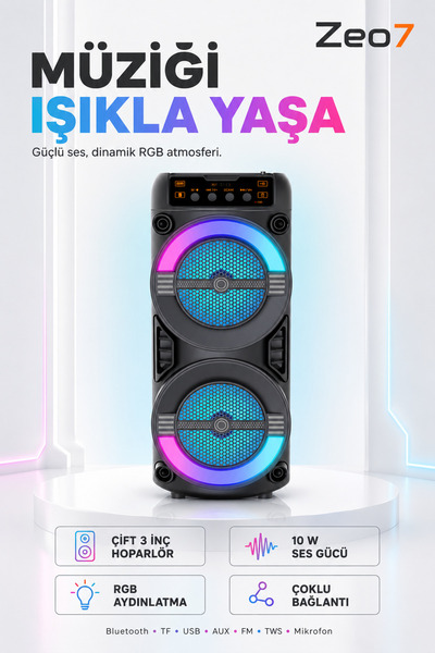 Zeo7 Çift 3 İnç RGB Işıklı Bluetooth 5.0 Hoparlör TWS, USB, AUX, TF Kart, FM ...