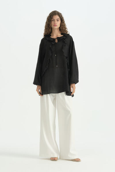 Nihan Romantic Tunic with Flywheel and Ruffle Detail - Black