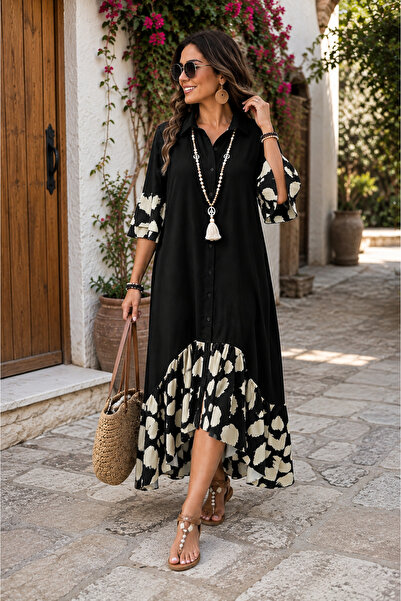 Kokosh moda Διαχρονική κομψότητα - Γυναικείο μακρύ φόρεμα με γιακά, μπροστινά...
