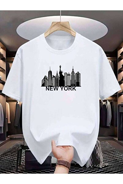 LİNA06 Men's New York City Skyline Print-Shirt -% Cotton Breathable Short-Sle...