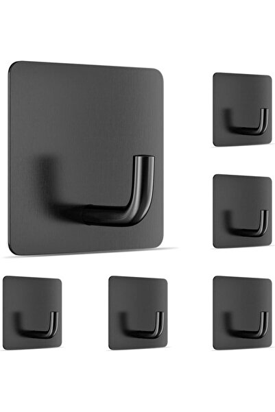 STARSTAR Set of 6 black stainless steel self-adhesive wall hooks – drill-free...