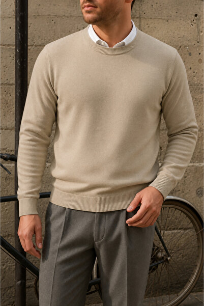 comstar Men's Crew Neck Slim Fit Cream Sweatshirt