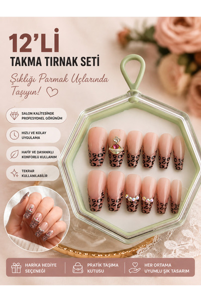 12’li Leopar Desenli Takma Tırnak Seti | Cesur ve Şık Görünüm