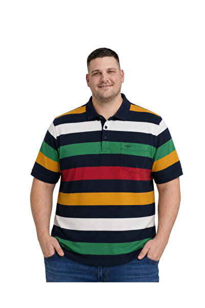 BattalModa Men's Large Size Navy Blue Thick Striped Pique T-Shirt 3Xl-4Xl-5Xl...