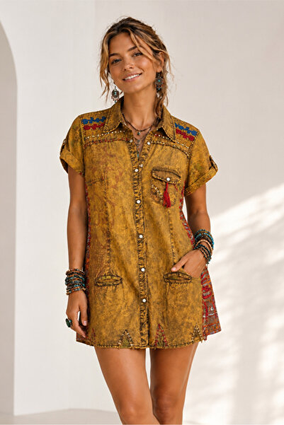 Boutique Juji BOHEM STİL VİNTAGE İŞLEMELİ KOT TUNİK