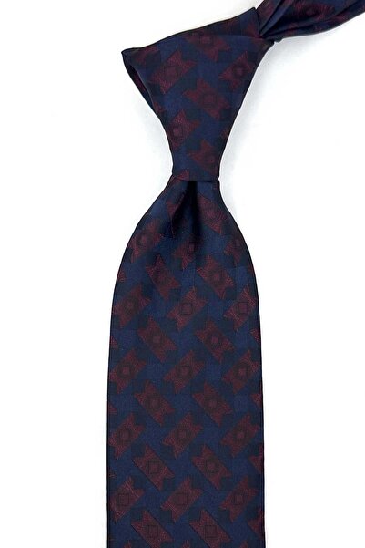 Kravatkolik Navy Blue Claret Red Motif Patterned Classic Tie with Handkerchie...
